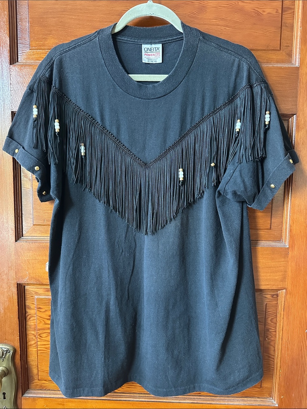 Vintage 80s Oneita Black Fringe Short Sleeve Tee